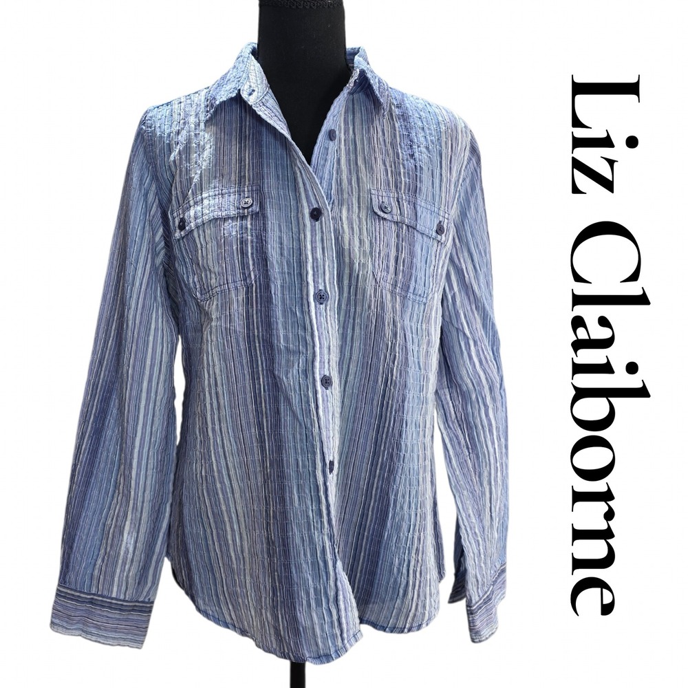 Liz Claiborne Shirt Womens Medium Blue Cotton Blend Striped Roll Tab Seersucker